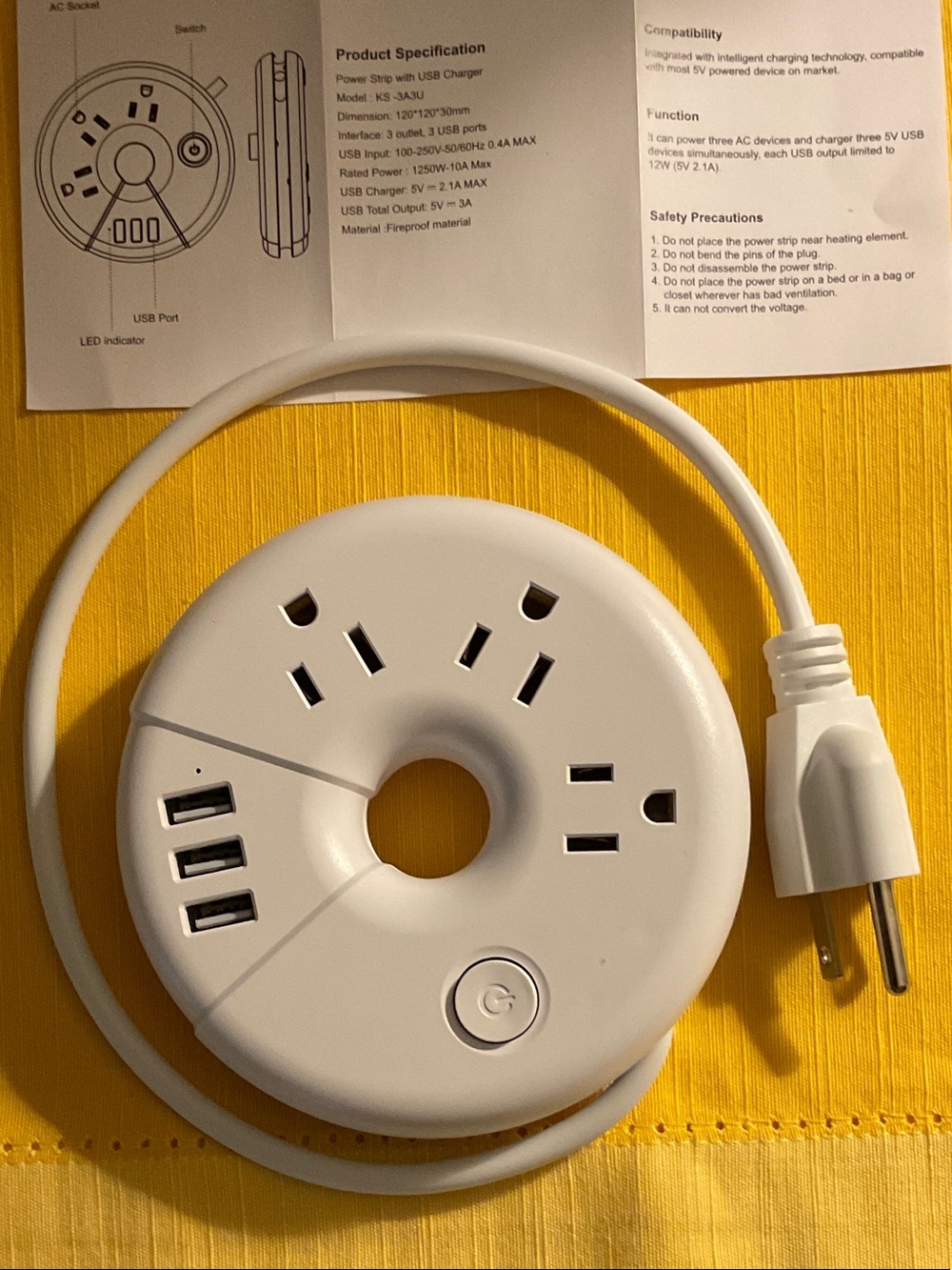 POWER STRIP W/3 AC OUTLETS AND 3 USB CHARGING PORTS.